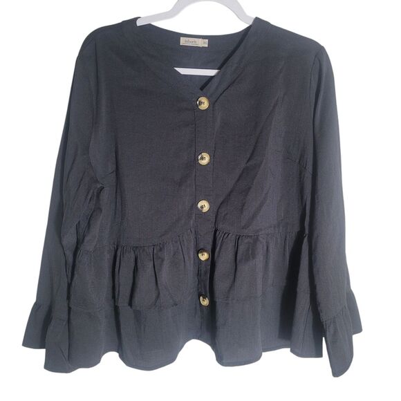 Inherit Tiered Button Up Blouse Women's 1X Black Bell Sleeve Peplum Casual READ - Picture 1 of 10